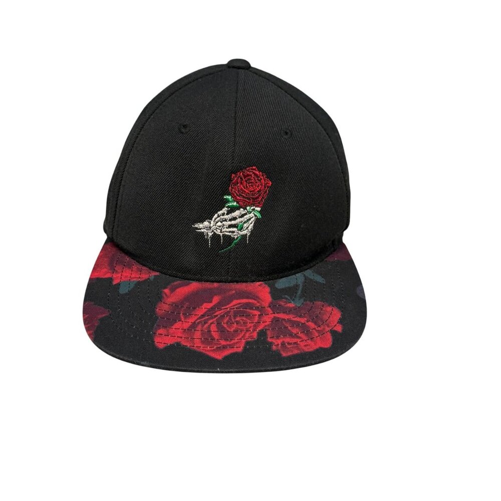 Classics Black Snapback Hat W/ Embroidered Rose & Skeleton Hand Design